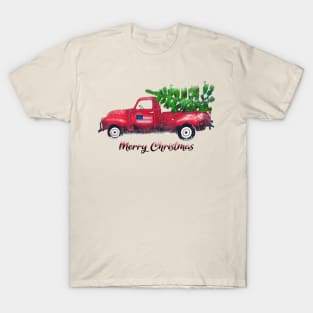 Vintage Watercolor Red Truck Carrying Xmas Tree Merry Christmas T-Shirt